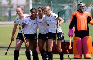 Canada Junior Women celebrate a goal against Chile in January 2016. Jaslan Stirling, Shannon Pereira, Priya Randhawa, Thora Rae. Photo: Lorena Angus.