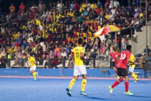 2016 Azlan Shah Cup. Men's National Team vs Malaysia. 2-2 tie. Keegan Pereira in front of the Malaysia crowd.