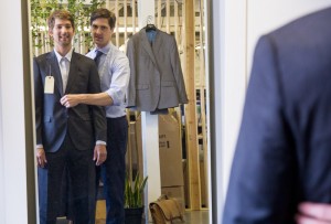 Iain Smythe (left) being fitted by former National Team goalkeeper turned tailor Michael Mahood (right). June 2016.