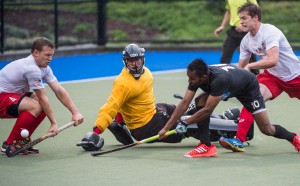 Canadas Keegan Pereira puts the ball by the American goalkeeper in the second game of the 2016 Summer Games Sendoff in Surrey BC on July 7 2016. 6-3 Win. Photo: Blair Shier.