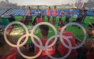 PHOTO: Team Canada field hockey players catch their breath during a break in the action during a friendly match against New Zealand at the Olympic games in Rio de Janeiro, Brazil, Monday, August 1, 2016 - COC Photo by Jason Ransom