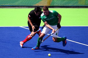 RIO DE JANEIRO, BRAZIL - AUGUST 11: Gabriel Ho-Garcia #7 of Canada defends against Jonathan Bell #4 of Ireland during a Men's Preliminary Pool B match on Day 6 of the Rio 2016 Olympics at the Olympic Hockey Centre on August 11, 2016 in Rio de Janeiro, Brazil. (Photo by Sean M. Haffey/Getty Images)